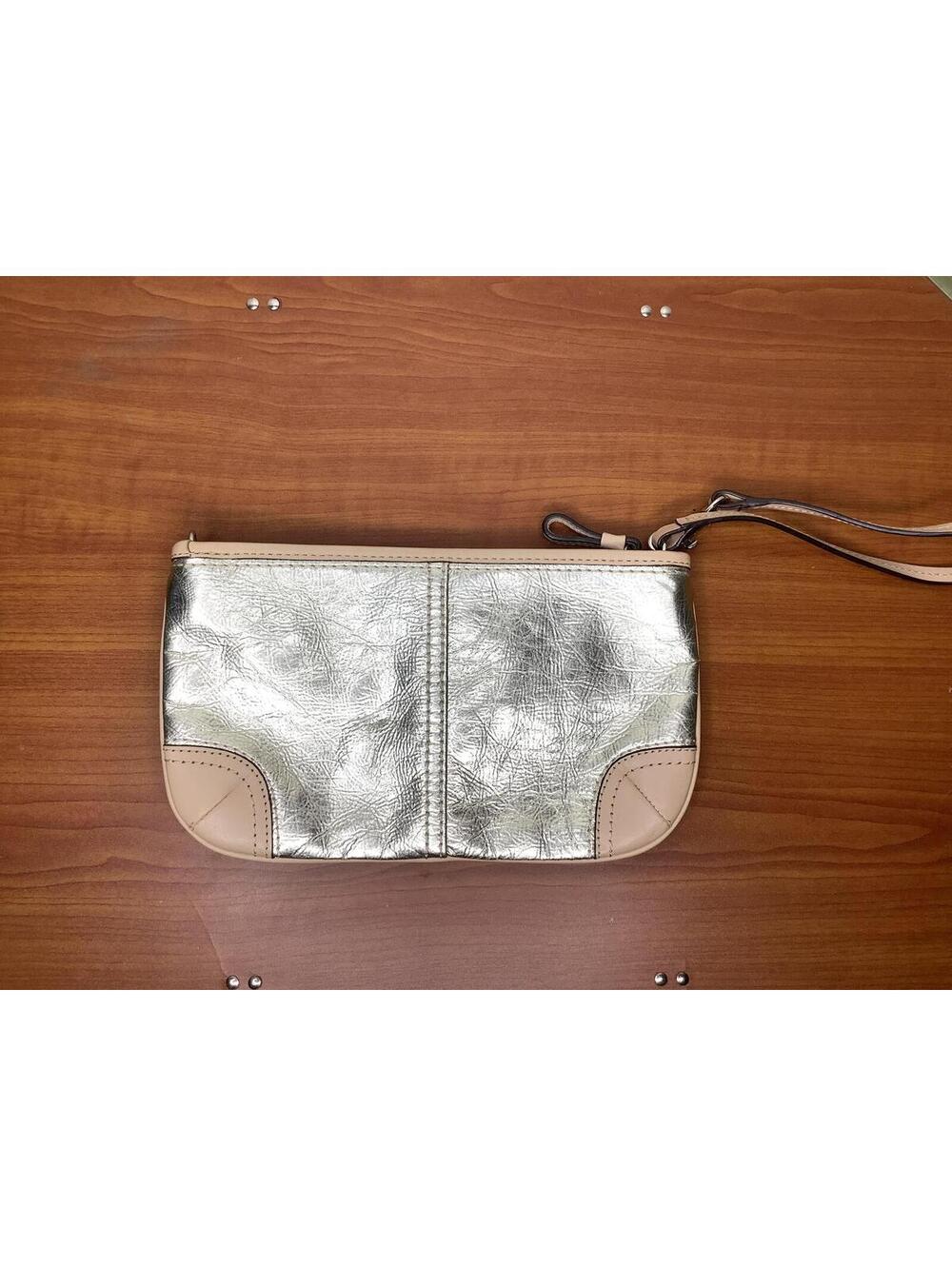 < Coach XL Large Metallic Silver and Cream Beige Leather Wristlet > - Picture 6 of 8
